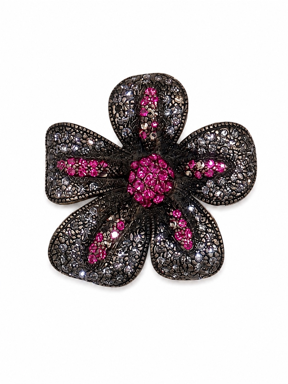 Statement Flower Brooch Gunmetal Pink Rhinestone Crystal Pin